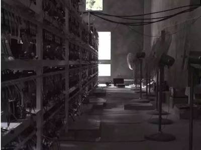 A massive mining farm stretches into the distance, rows upon rows of mining rigs blinking and whirring, air conditioners working hard to dissipate the heat, a scene of intense digital labor.